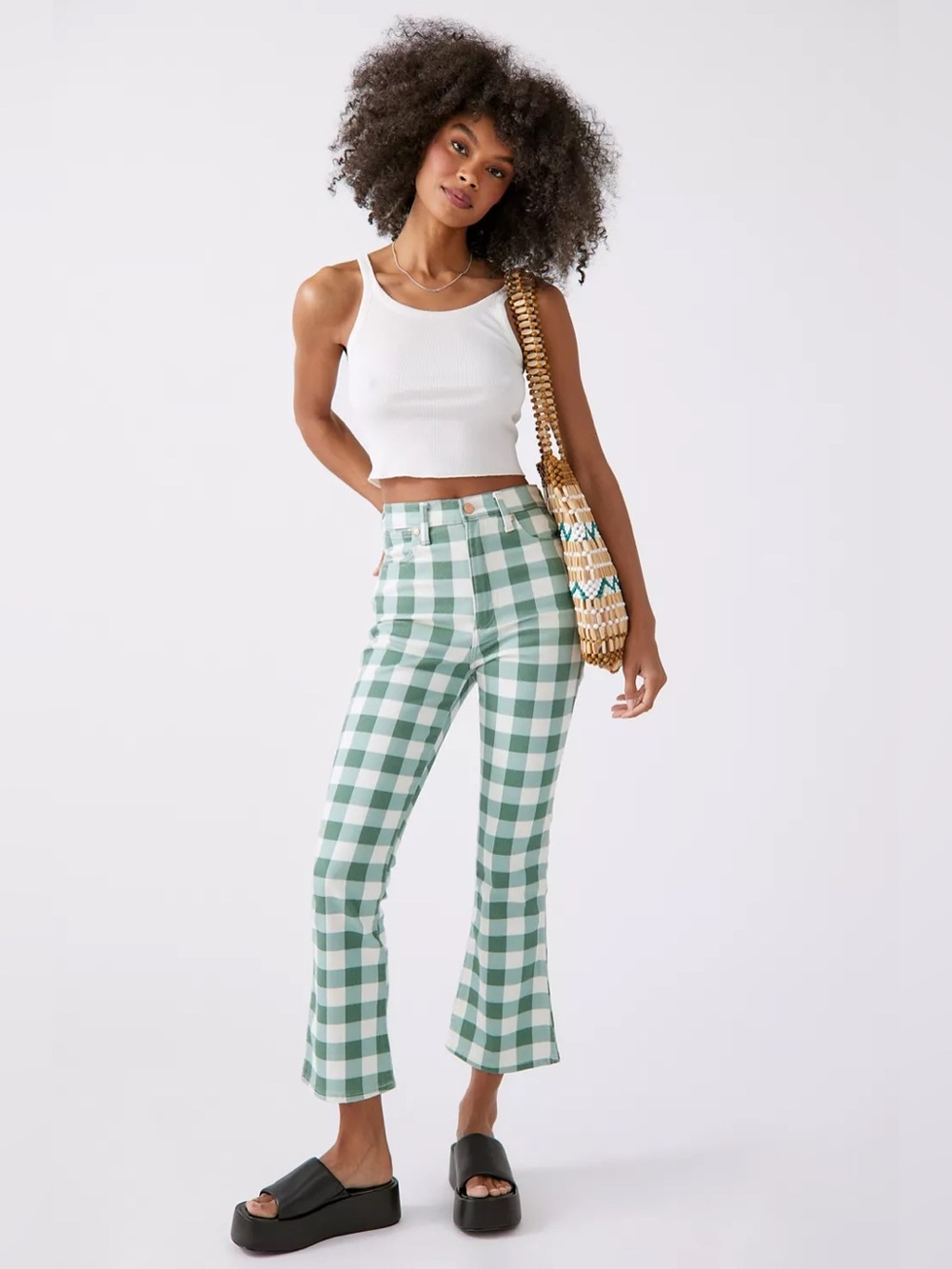 Wrangler Wrock Gingham Flare Pants Womens Size 27 Green Check High Rise Crop